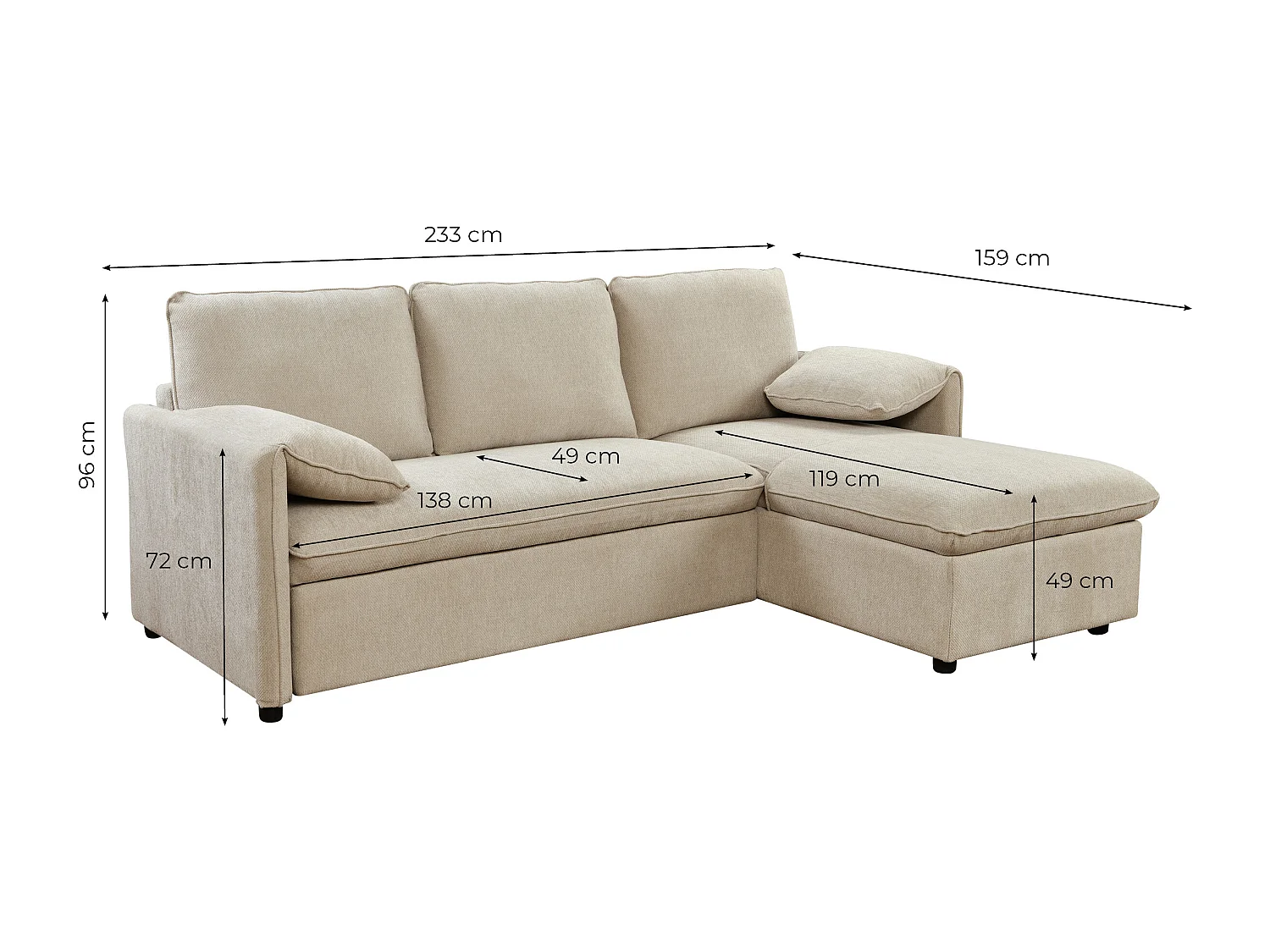 Canapé d'angle réversible 3 places Martin convertible en tissu - Gris - L233 x P159 x H96cm - Loungitude