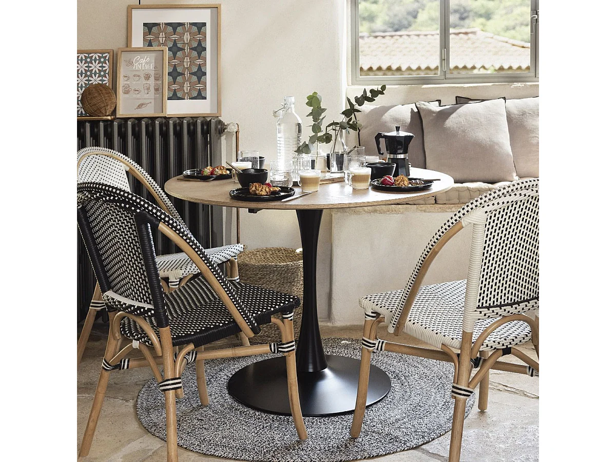 Tapis décoratif rond en Coton bicolore Noir et Beige lin D 120 cm