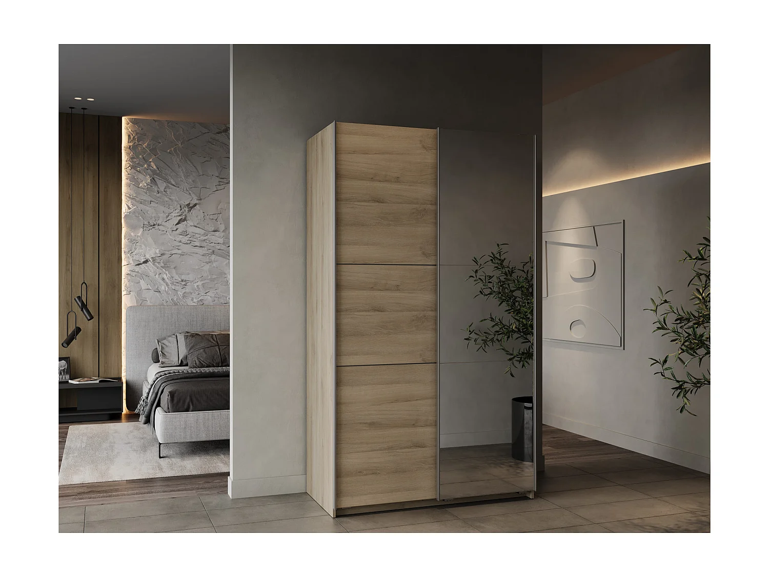 Armadio 2 ante scorrevoli e specchio Ghost - L116,5 cm