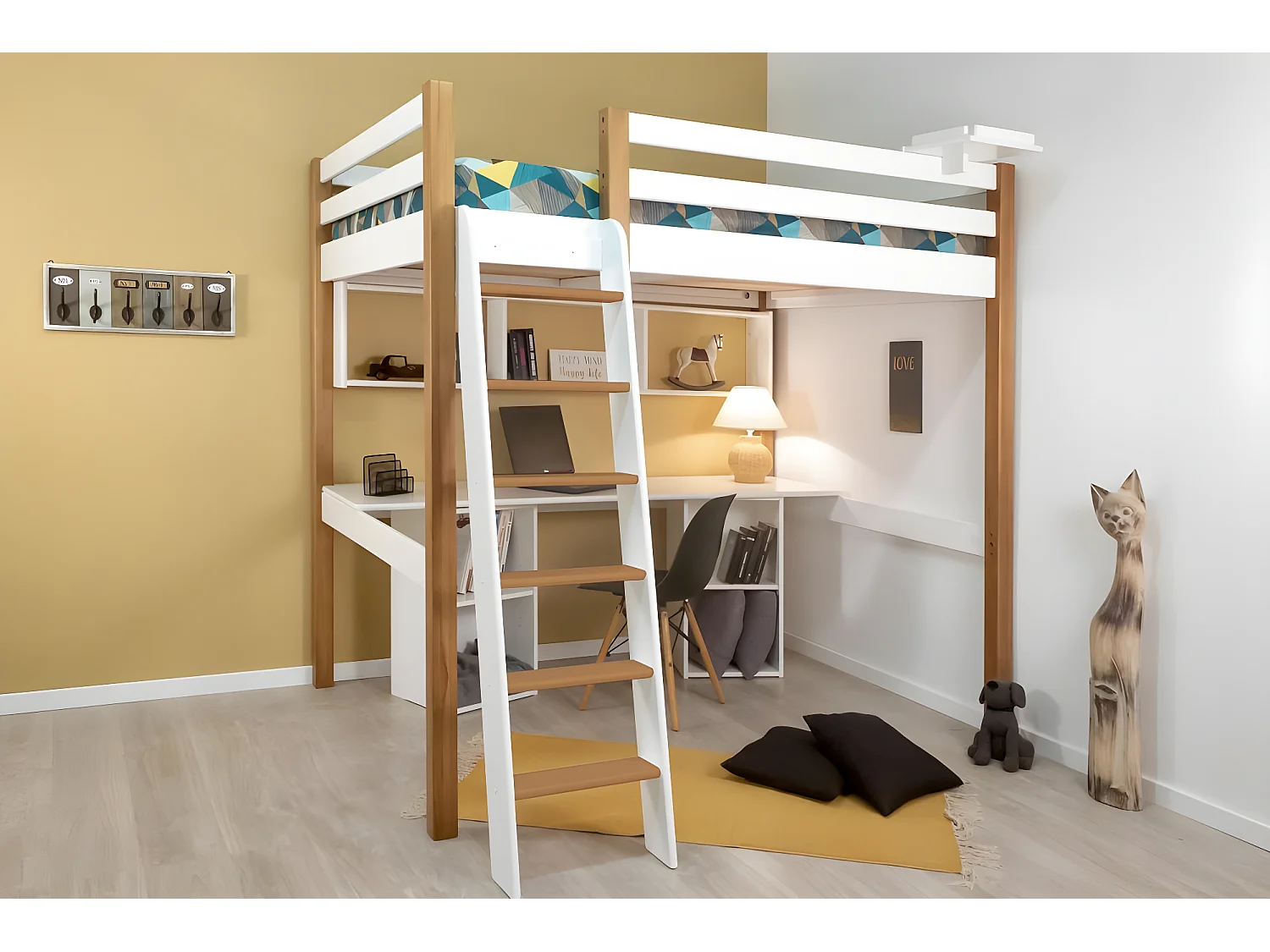 lit mezzanine couchage en 140 aneto - blanc uni / chêne clair