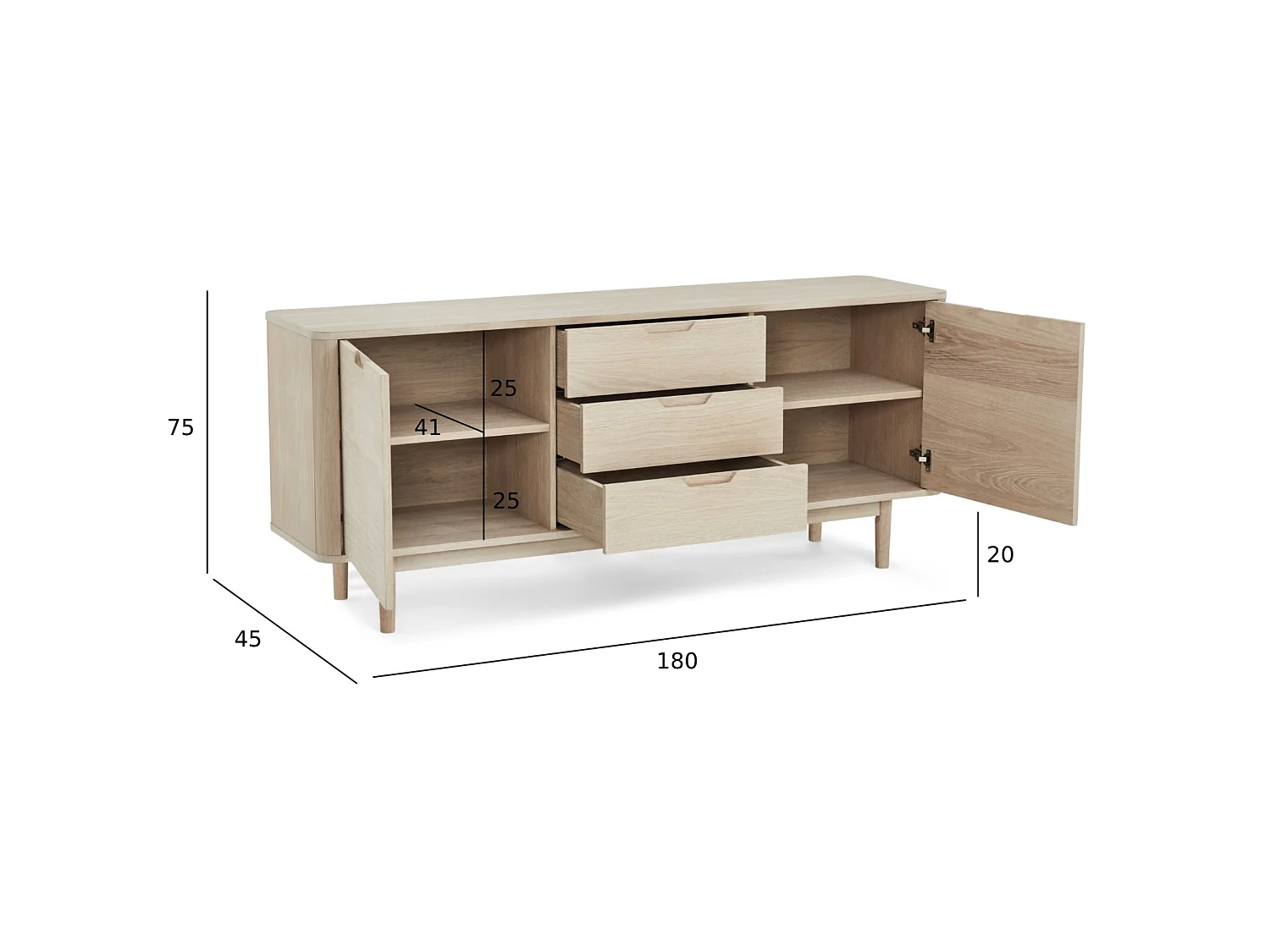 Buffet Nyborg avec 2 portes et 3 tiroirs - Chêne massif et MDF - huile blanche