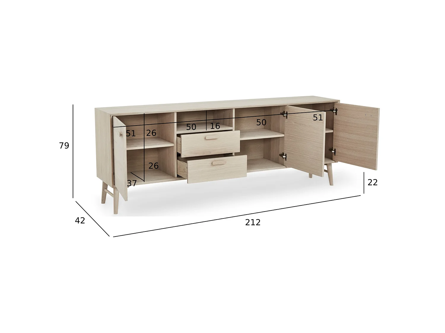 Buffet Porto avec 3 portes et 2 tiroirs - Chêne massif et MDF - huile blanche