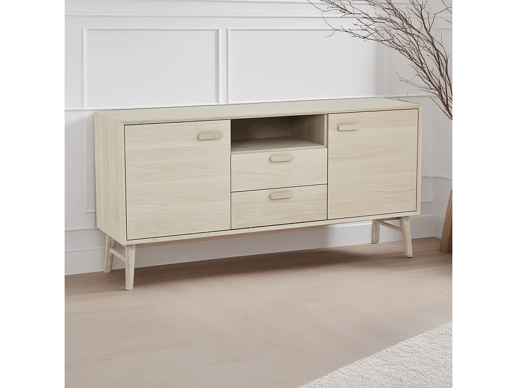 Buffet Porto avec 2 portes et 2 tiroirs - Chêne massif et MDF - huile blanche