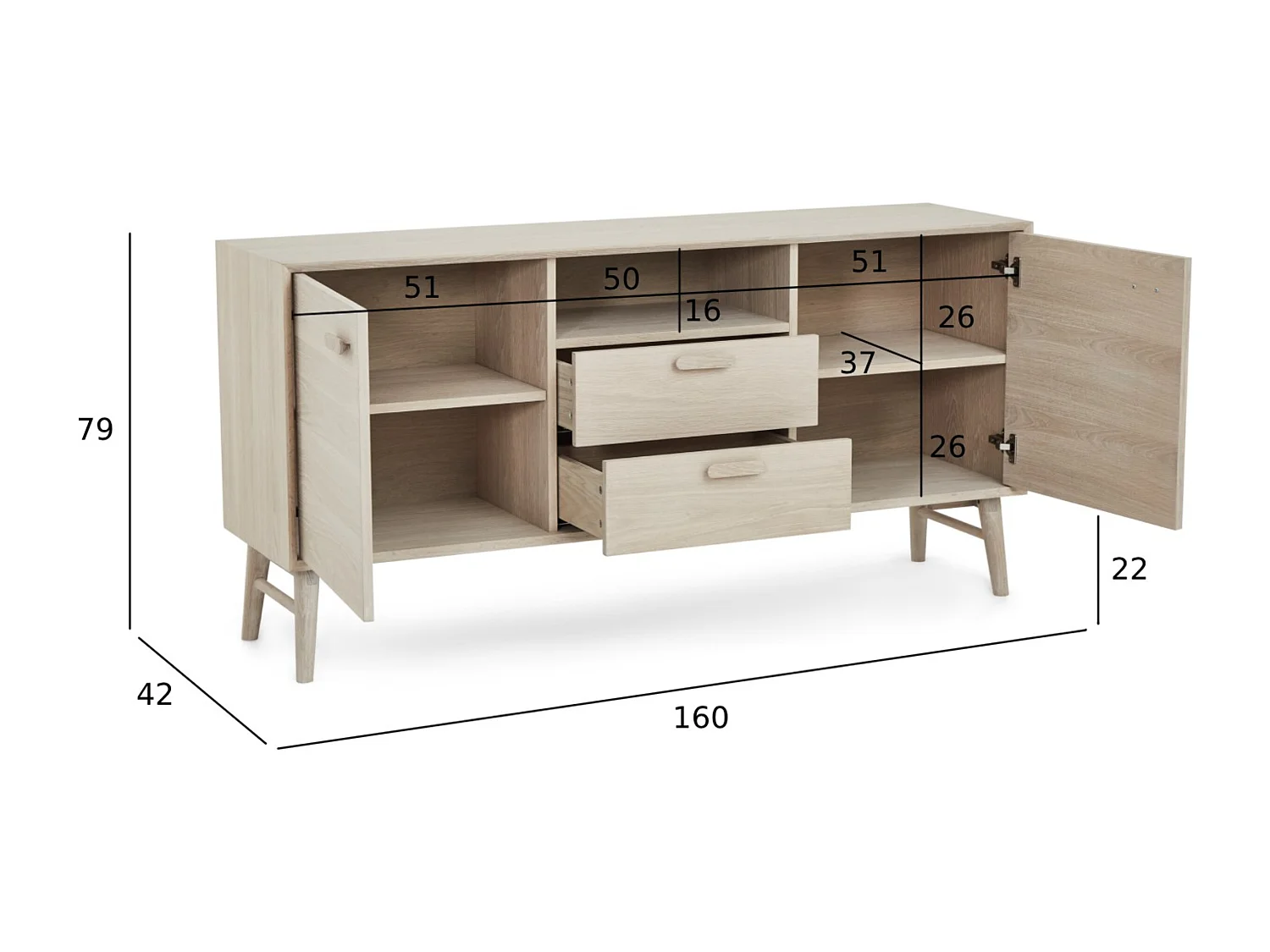 Buffet Porto avec 2 portes et 2 tiroirs - Chêne massif et MDF - huile blanche