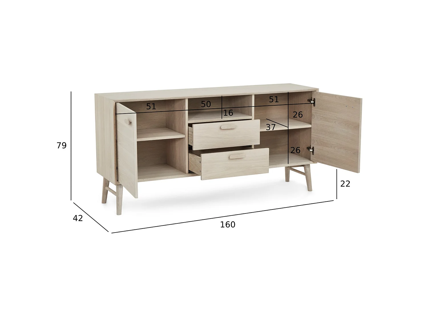 Buffetkast Porto - 2 deuren, 2 laden - Massief eikenhout & MDF - Witte olie
