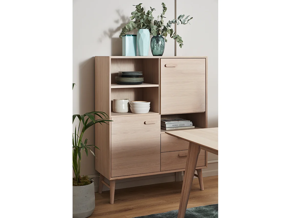 Buffet haut Porto avec 2 portes et 2 tiroirs - Chêne massif et MDF - huile blanche