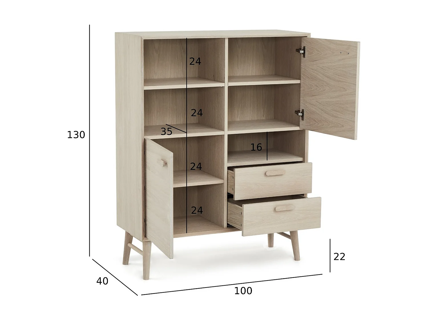 Buffet haut Porto avec 2 portes et 2 tiroirs - Chêne massif et MDF - huile blanche