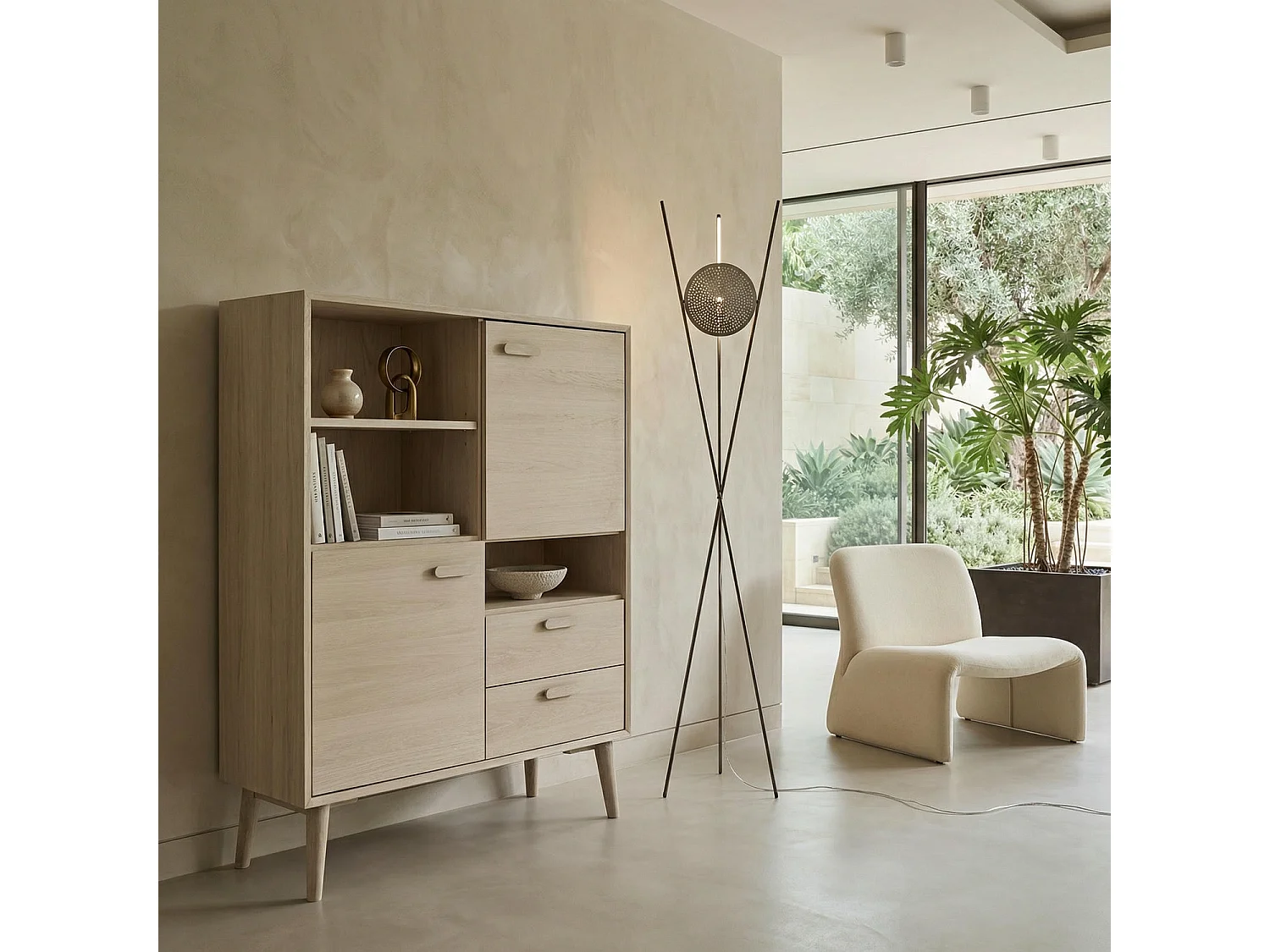 Hoge buffetkast Porto - 2 deuren, 2 laden - Massief eikenhout & MDF - Witte olie