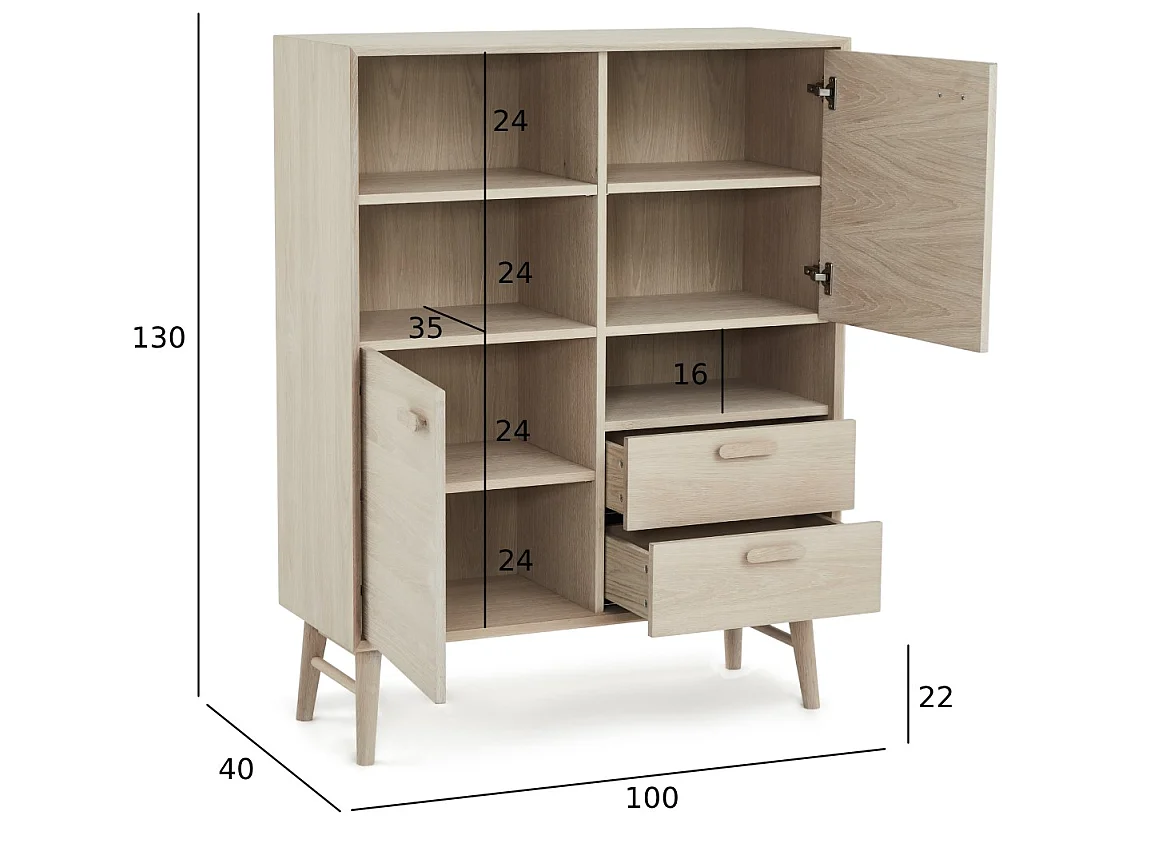 Hoge buffetkast Porto - 2 deuren, 2 laden - Massief eikenhout & MDF - Witte olie