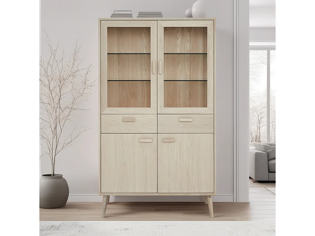 Vitrine Porto avec 4 portes et 2 tiroirs - Chêne massif et MDF - huile blanche