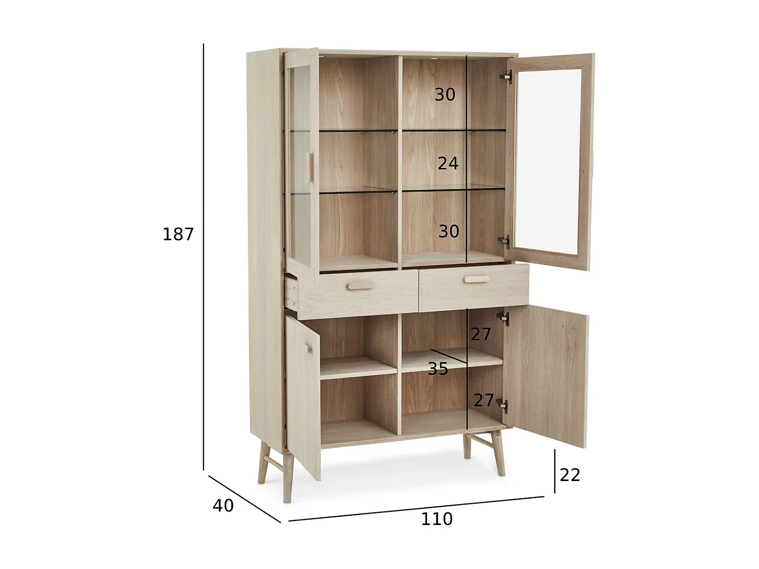 Vitrinekast met led-verlichting Porto - 4 deuren, 2 laden - Massief eikenhout & MDF - Witte olie