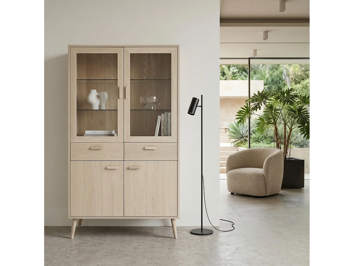 Vitrine Porto avec 4 portes et 2 tiroirs - Chêne massif et MDF - huile blanche