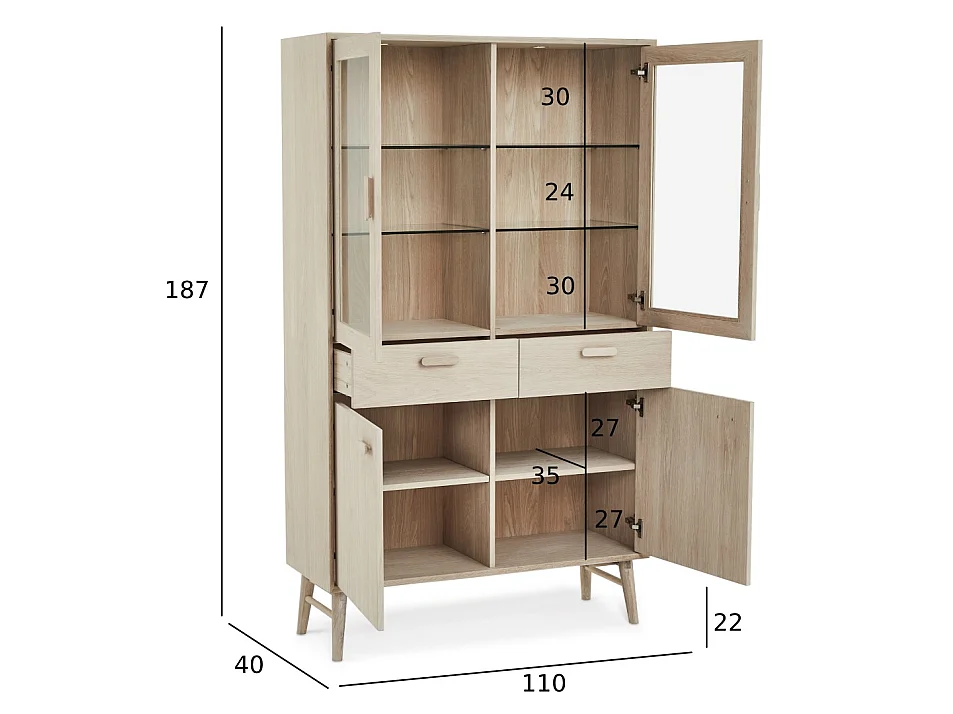 Vitrine Porto avec 4 portes et 2 tiroirs - Chêne massif et MDF - huile blanche