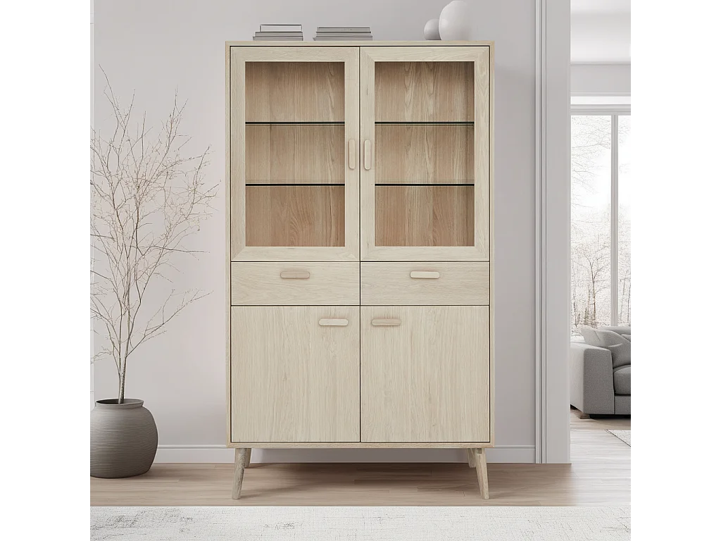 Vitrinenschrank mit LED-Beleuchtung Porto - 4 Türen & 2 Schubladen - Eichenholz & MDF - Weißöl