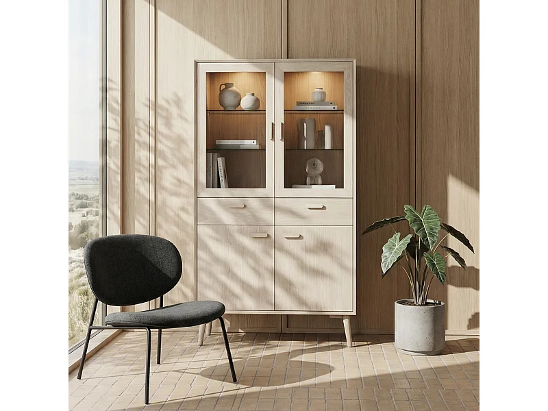 Vitrinekast met led-verlichting Porto - 4 deuren, 2 laden - Massief eikenhout & MDF - Witte olie