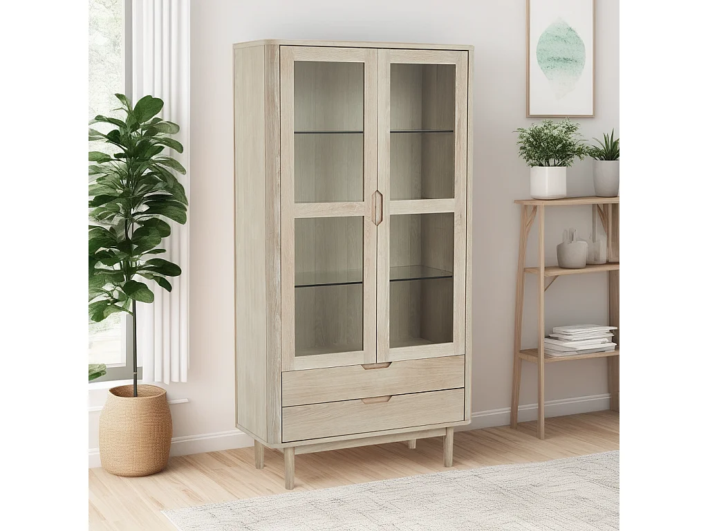 Vitrine avec LEDs Nyborg avec 2 portes et 2 tiroirs - Chêne massif et MDF - huile blanche