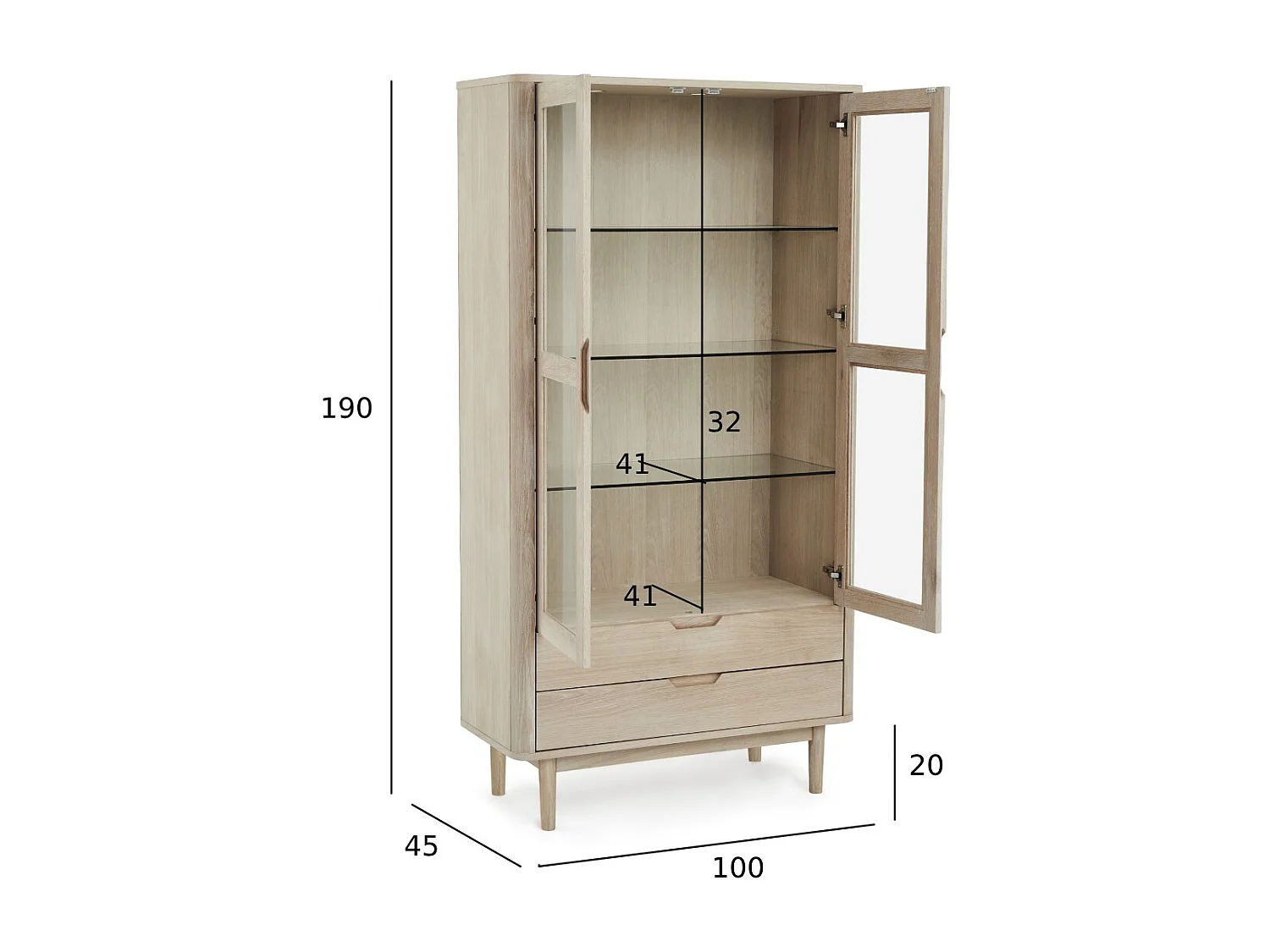 Vitrine avec LEDs Nyborg avec 2 portes et 2 tiroirs - Chêne massif et MDF - huile blanche