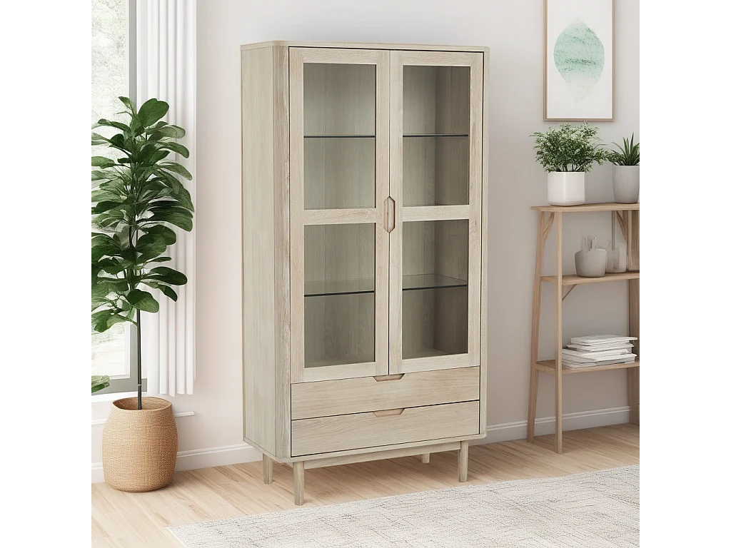 Vitrine avec LEDs Nyborg avec 2 portes et 2 tiroirs - Chêne massif et MDF - huile blanche