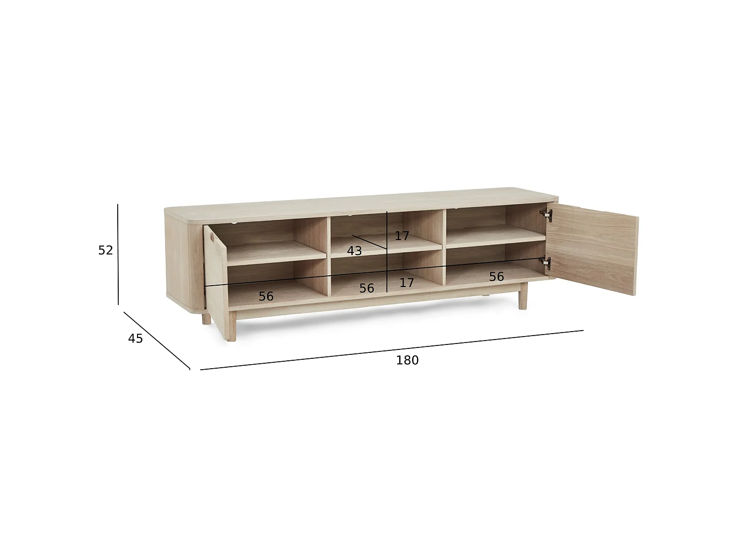 Meuble TV Nyborg avec 3 portes et 2 niches - Chêne massif et MDF - huile blanche