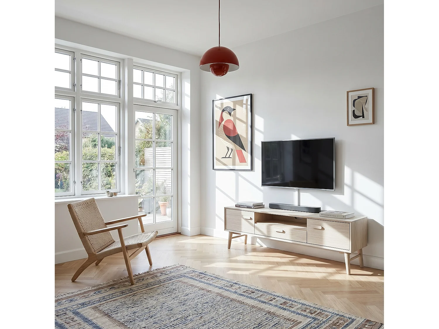 Meuble TV Porto avec 2 portes et 1 niche - Chêne massif et MDF - huile blanche
