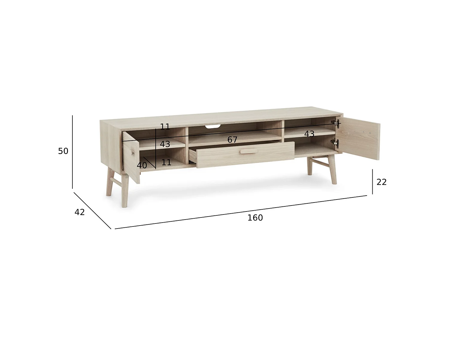 Meuble TV Porto avec 2 portes et 1 niche - Chêne massif et MDF - huile blanche
