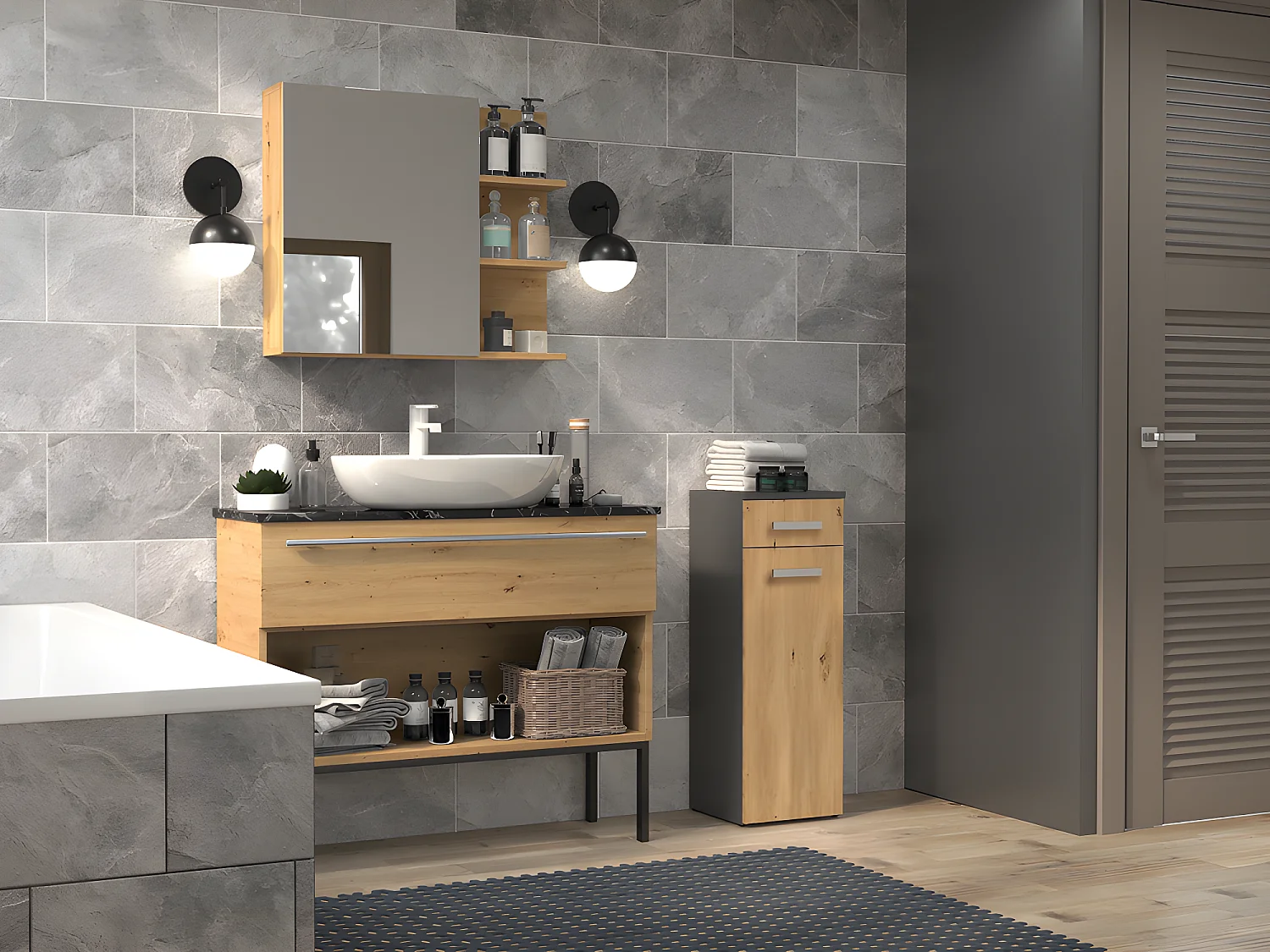 JOKKE - Meuble salle de bain 1 porte + 1  tiroir - 30x30x85cm - Colonne basse rangement SDB