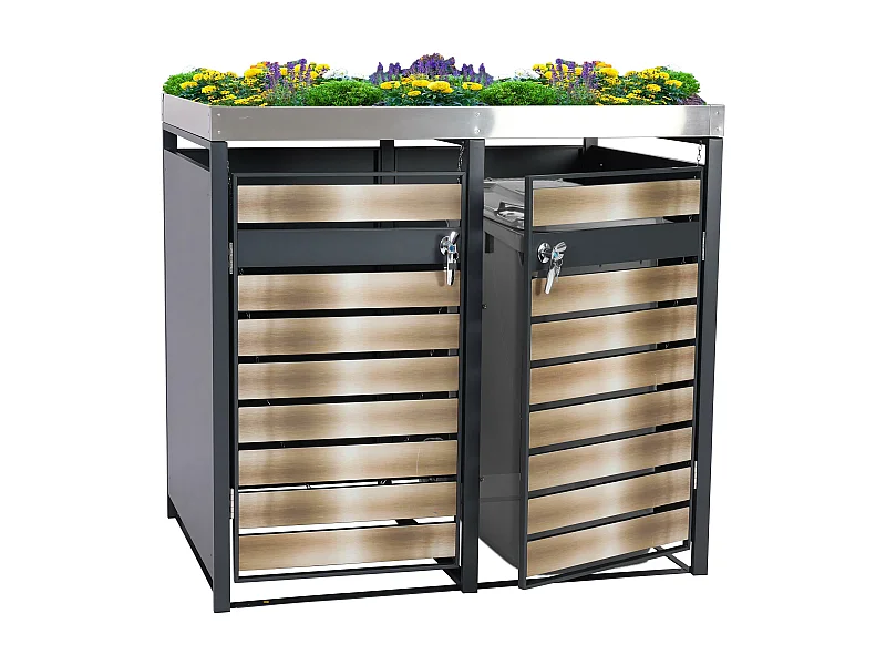 Set 2x copribidoni box spazzatura rifiuti con fioriera MCW-J81 80x132x125cm acciaio inox antracite gold