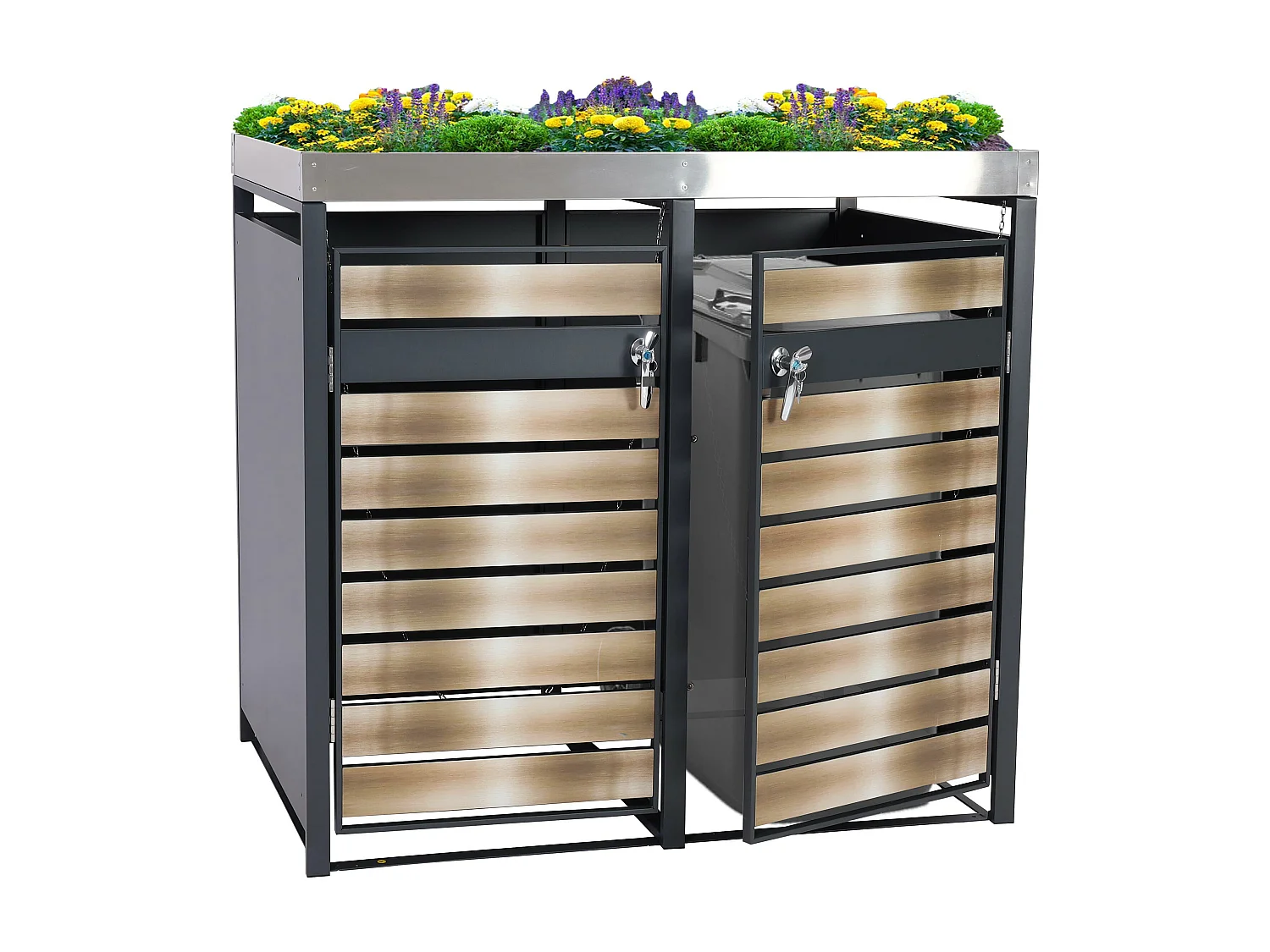 Set 2x copribidoni box spazzatura rifiuti con fioriera MCW-J81 80x132x125cm acciaio inox antracite gold