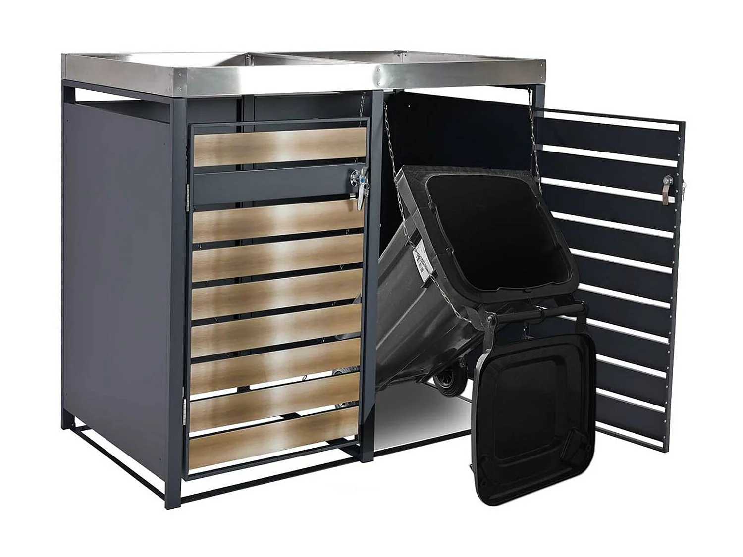 Set 2x copribidoni box spazzatura rifiuti con fioriera MCW-J81 80x132x125cm acciaio inox antracite gold