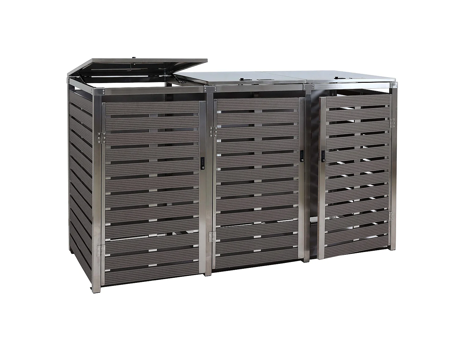 3x copribidoni box spazzatura rifiuti MCW-K14 85x200x120cm acciaio inox WPC antracite