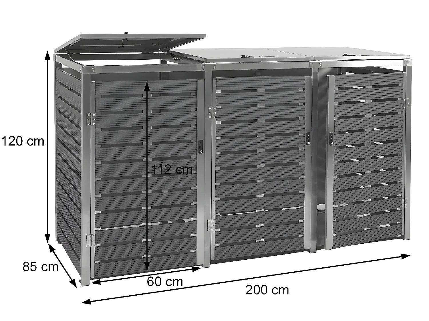 3x copribidoni box spazzatura rifiuti MCW-K14 85x200x120cm acciaio inox WPC antracite