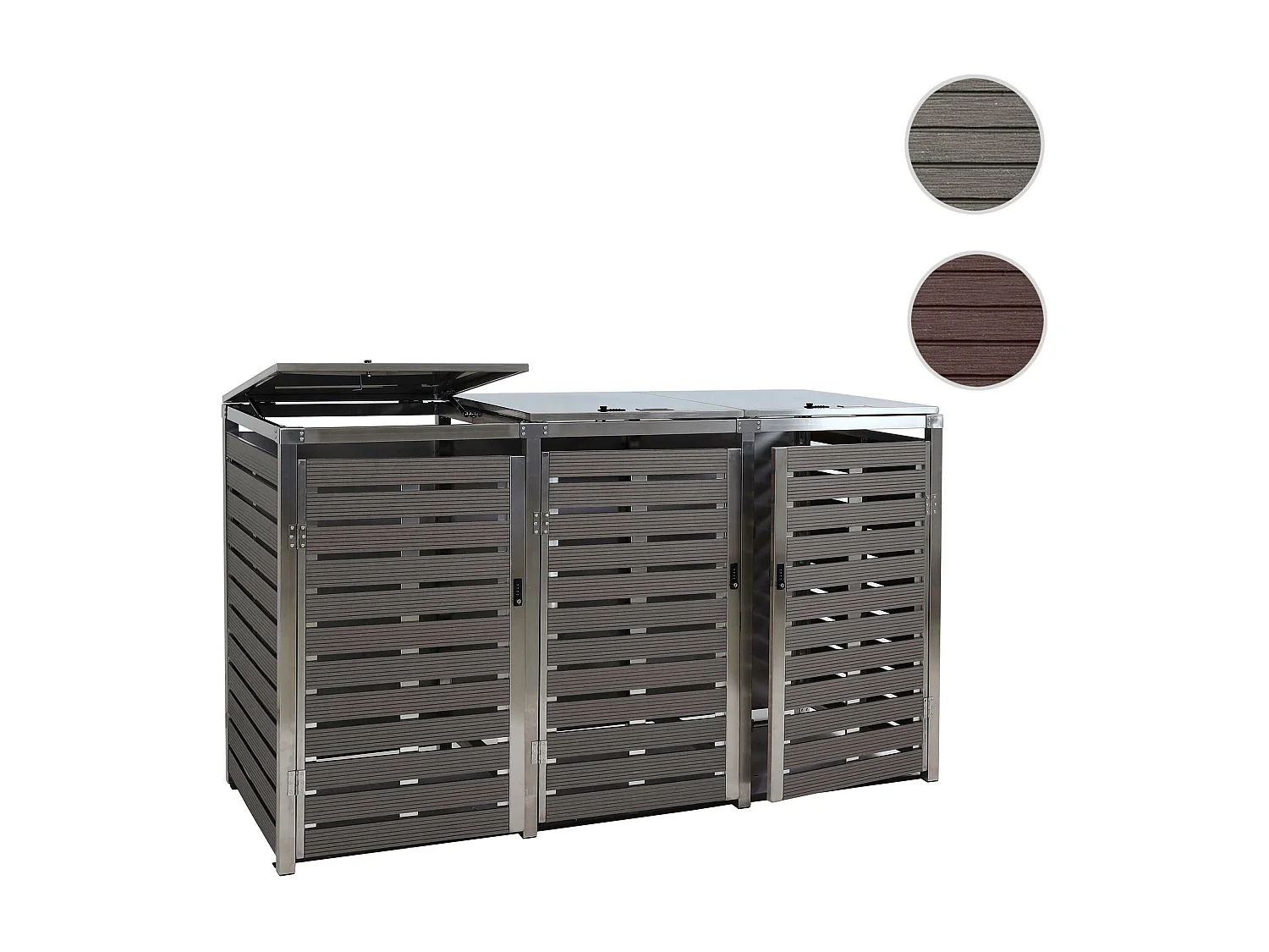 3x copribidoni box spazzatura rifiuti MCW-K14 85x200x120cm acciaio inox WPC antracite