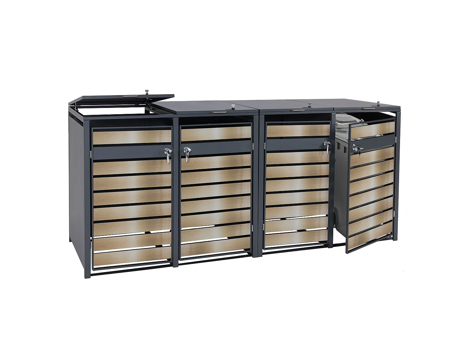 Set 4x copribidoni box spazzatura rifiuti MCW-J81 XL 98x284x117cm acciaio inox antracite gold