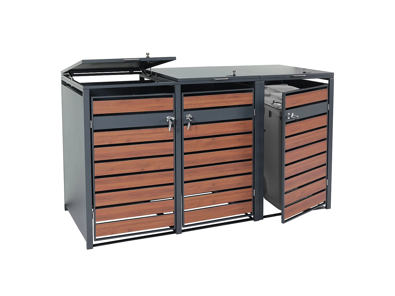 XL Mülltonnenverkleidung MCW-J81 3er/6er, Kirsche-Holzoptik dunkelbraun