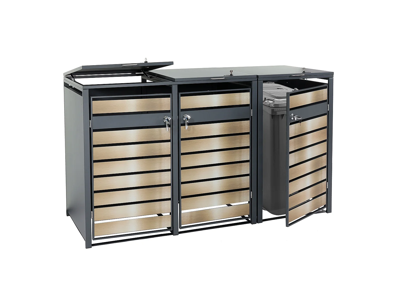 Set 3x copribidoni box spazzatura rifiuti MCW-J81 XL 98x215x117cm acciaio inox antracite gold
