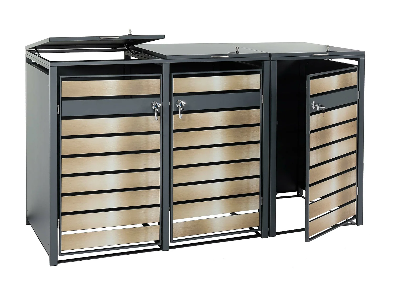 Set 3x copribidoni box spazzatura rifiuti MCW-J81 XL 98x215x117cm acciaio inox antracite gold