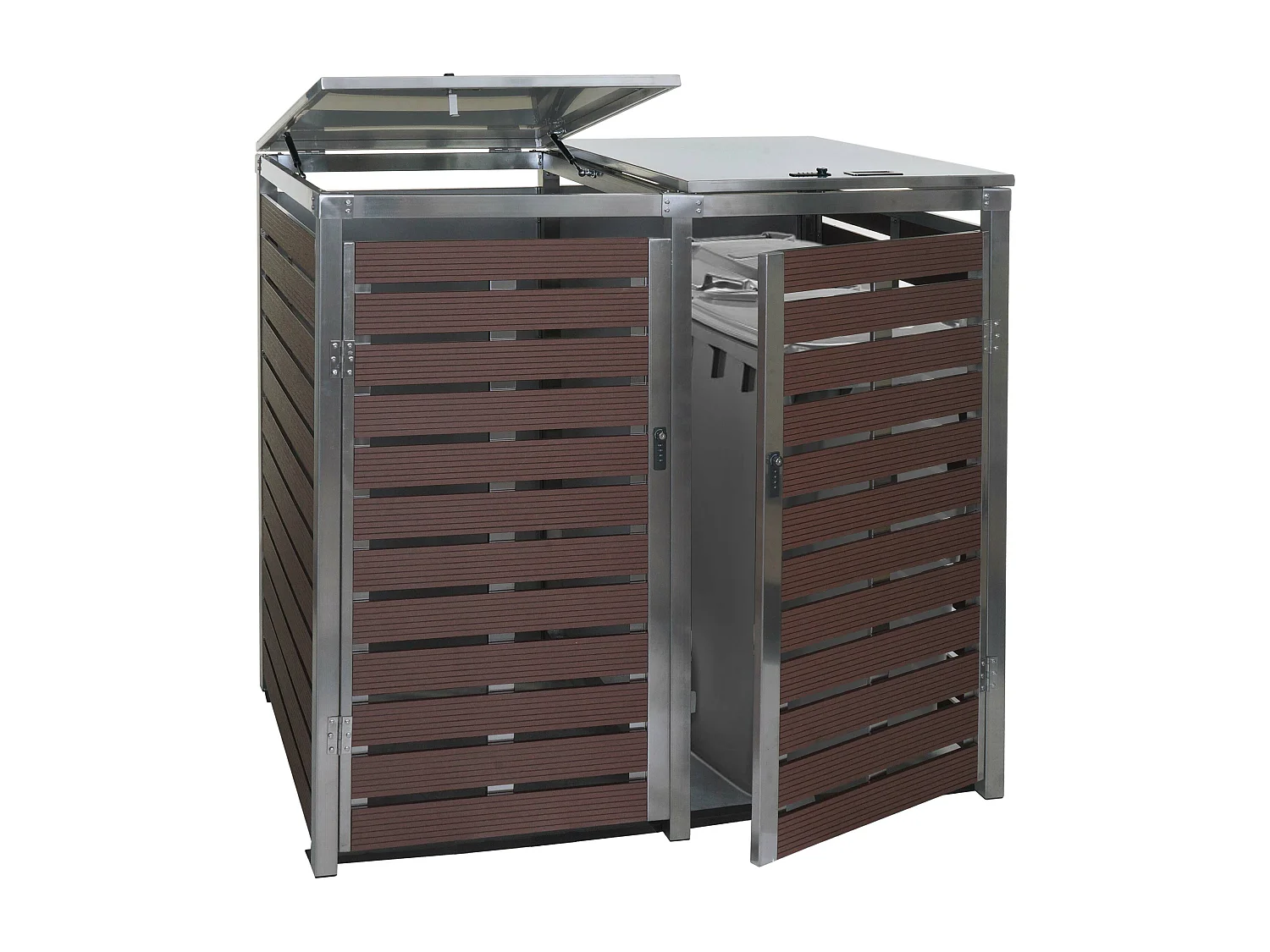 2x copribidoni box spazzatura rifiuti MCW-K14 XL 102x144x117cm acciaio inox WPC marrone