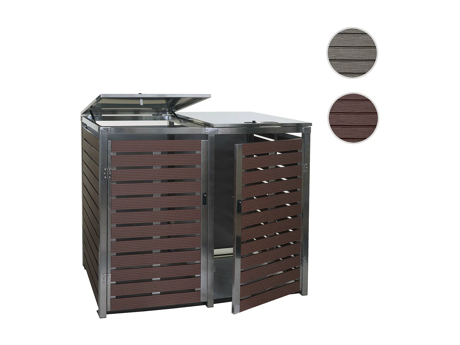 2x copribidoni box spazzatura rifiuti MCW-K14 XL 102x144x117cm acciaio inox WPC marrone