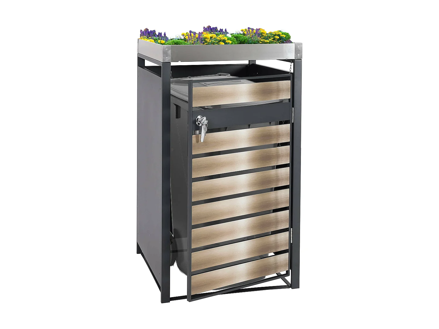 Copribidone box spazzatura rifiuti con fioriera MCW-J81 80x68x125cm acciaio inox antracite gold