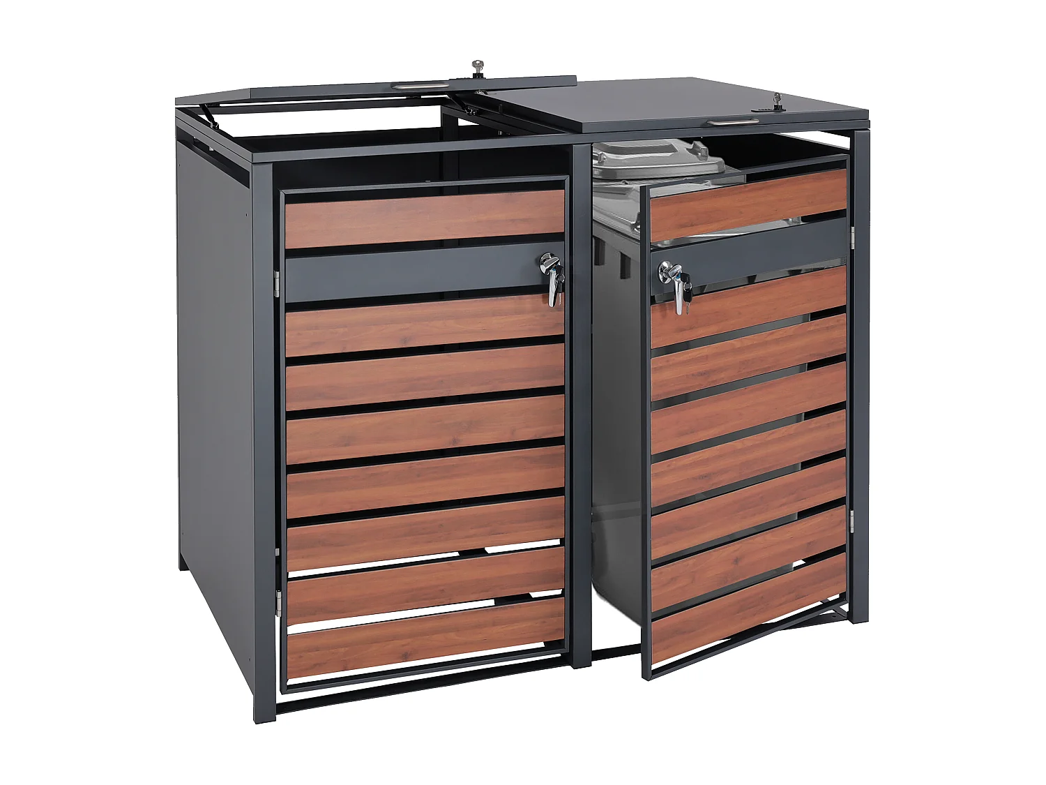 Set 2x copribidoni box spazzatura rifiuti MCW-J81 XL 98x142x117cm acciaio inox antracite ciliegio