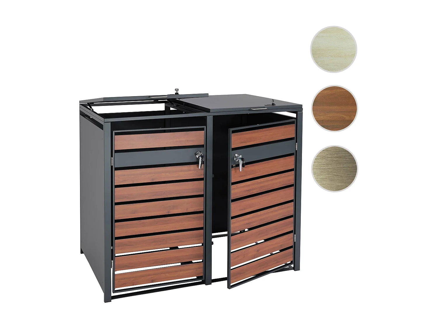 Set 2x copribidoni box spazzatura rifiuti MCW-J81 XL 98x142x117cm acciaio inox antracite ciliegio