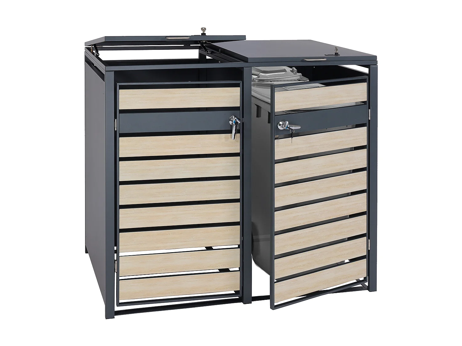 Set 2x copribidoni box spazzatura rifiuti MCW-J81 XL 98x142x117cm acciaio inox antracite faggio