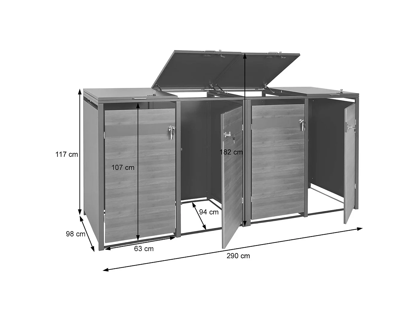 Set 4x copribidoni box spazzatura rifiuti MCW-J82 XL 98x290x117cm acciaio inox antracite ciliegio