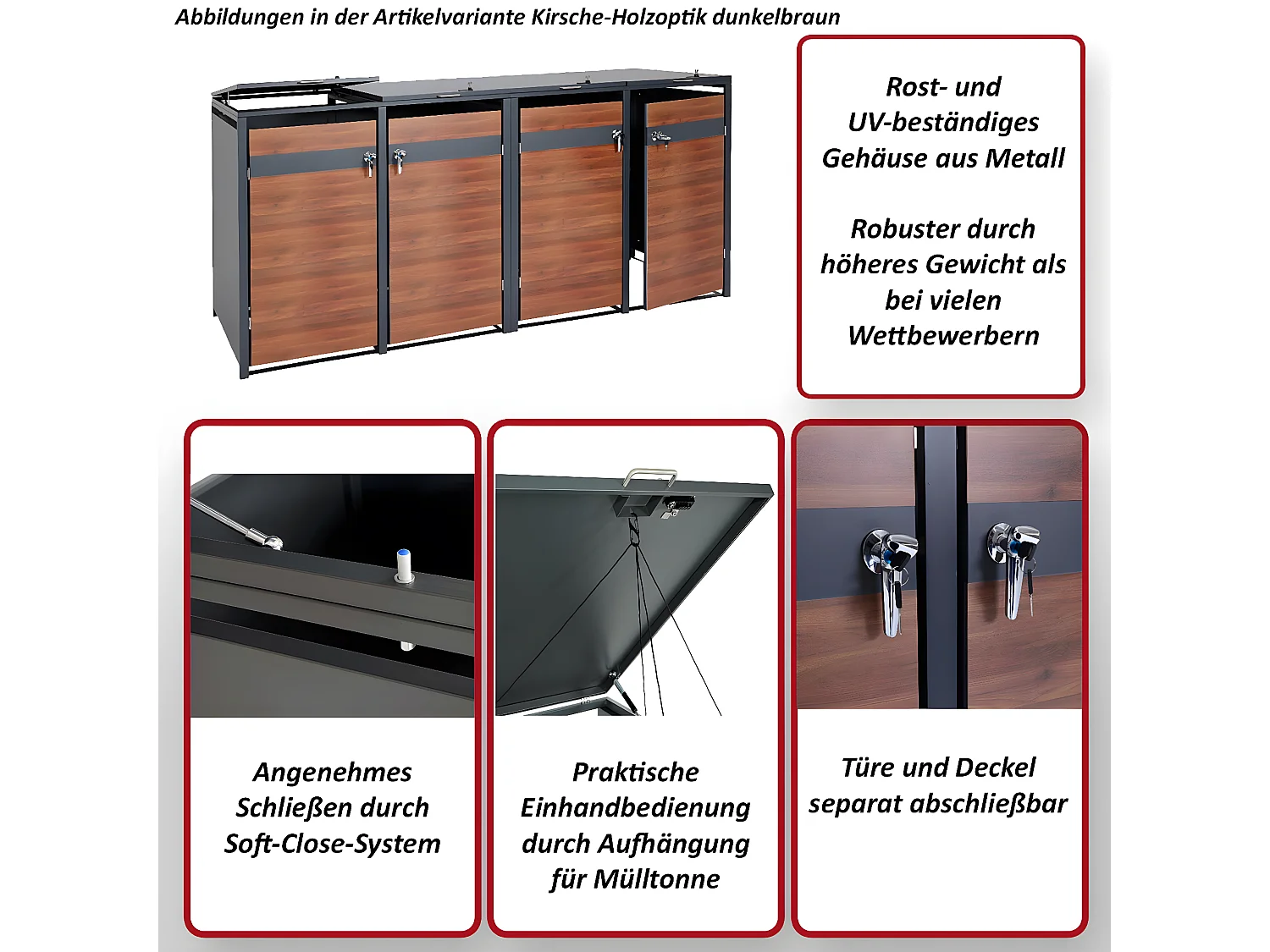 Set 4x copribidoni box spazzatura rifiuti MCW-J82 XL 98x290x117cm acciaio inox antracite ciliegio