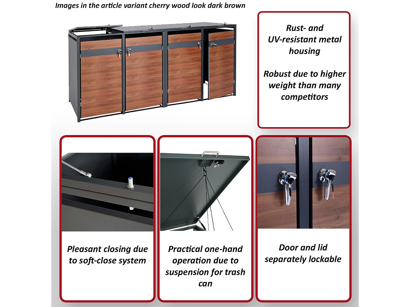 XL Mülltonnenverkleidung MCW-J82 4er/8er, Kirsche-Holzoptik dunkelbraun