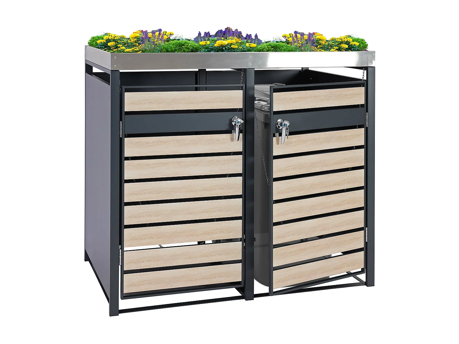 Set 2x copribidoni box spazzatura rifiuti con fioriera MCW-J81 80x132x125cm acciaio inox antracite faggio