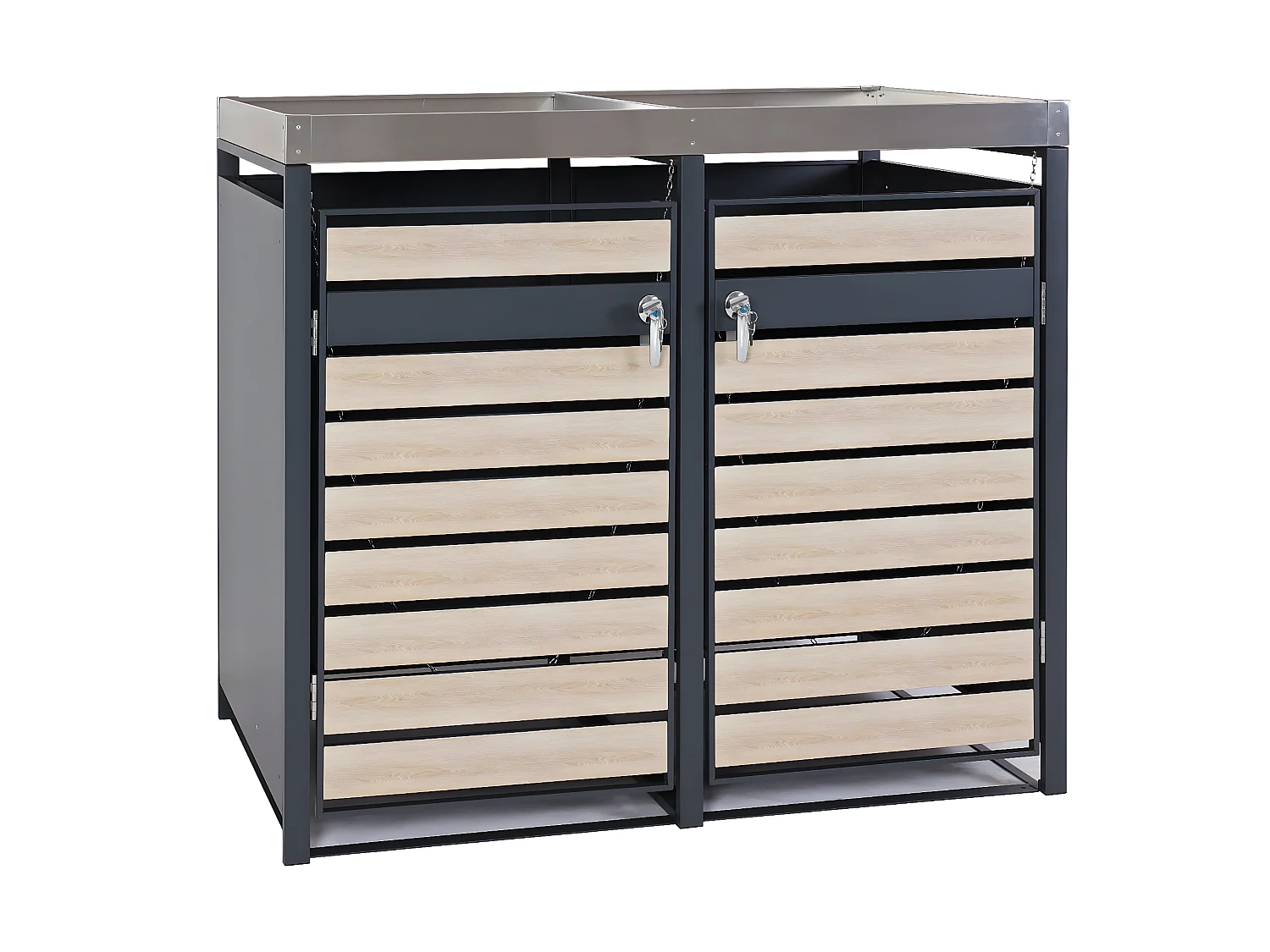 Set 2x copribidoni box spazzatura rifiuti con fioriera MCW-J81 80x132x125cm acciaio inox antracite faggio