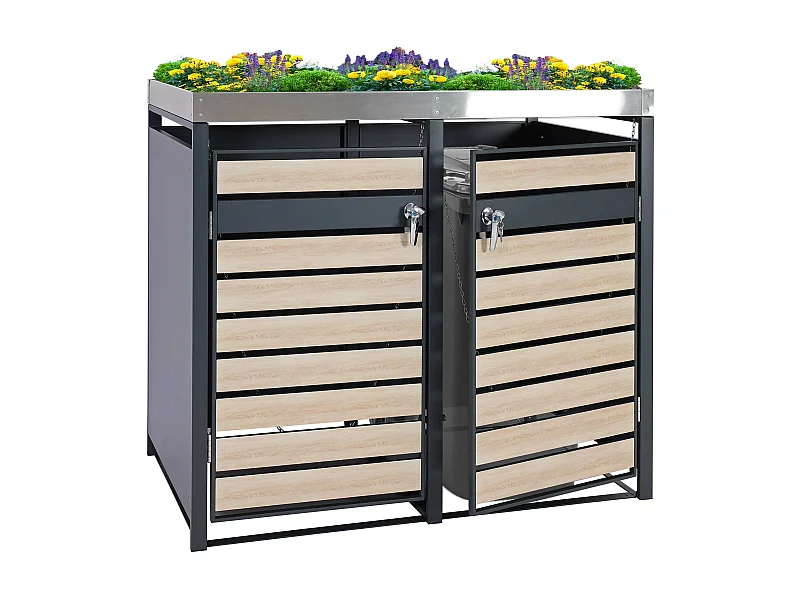 Set 2x copribidoni box spazzatura rifiuti con fioriera MCW-J81 80x132x125cm acciaio inox antracite faggio