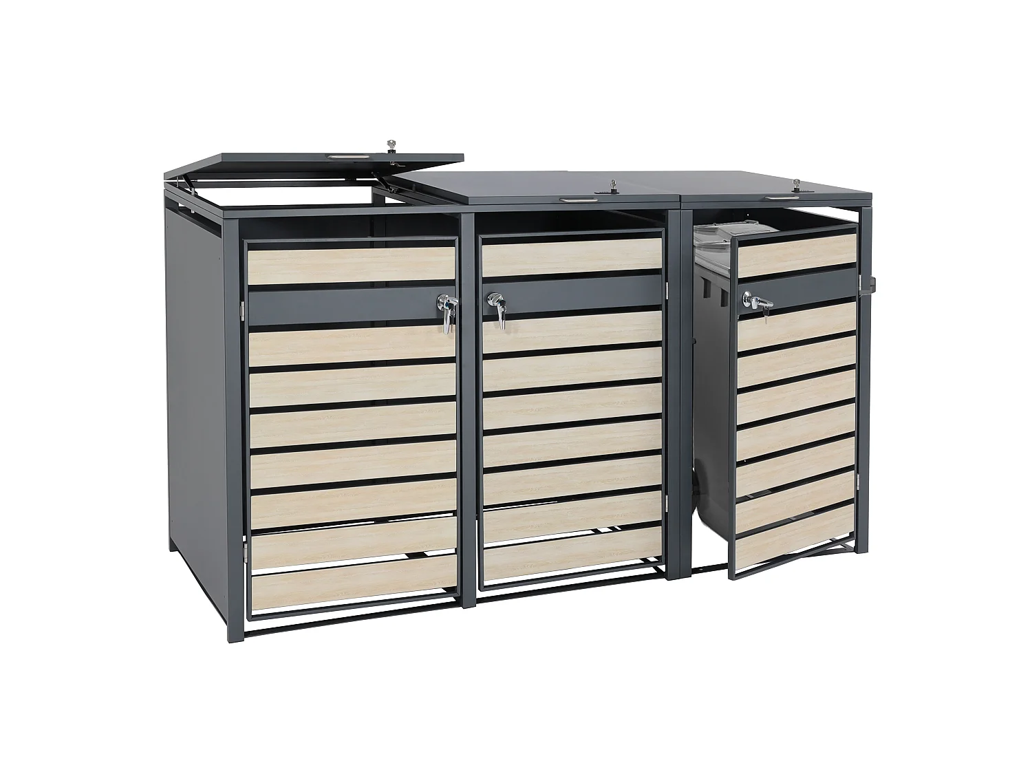 Set 3x copribidoni box spazzatura rifiuti MCW-J81 XL 98x215x117cm acciaio inox antracite faggio