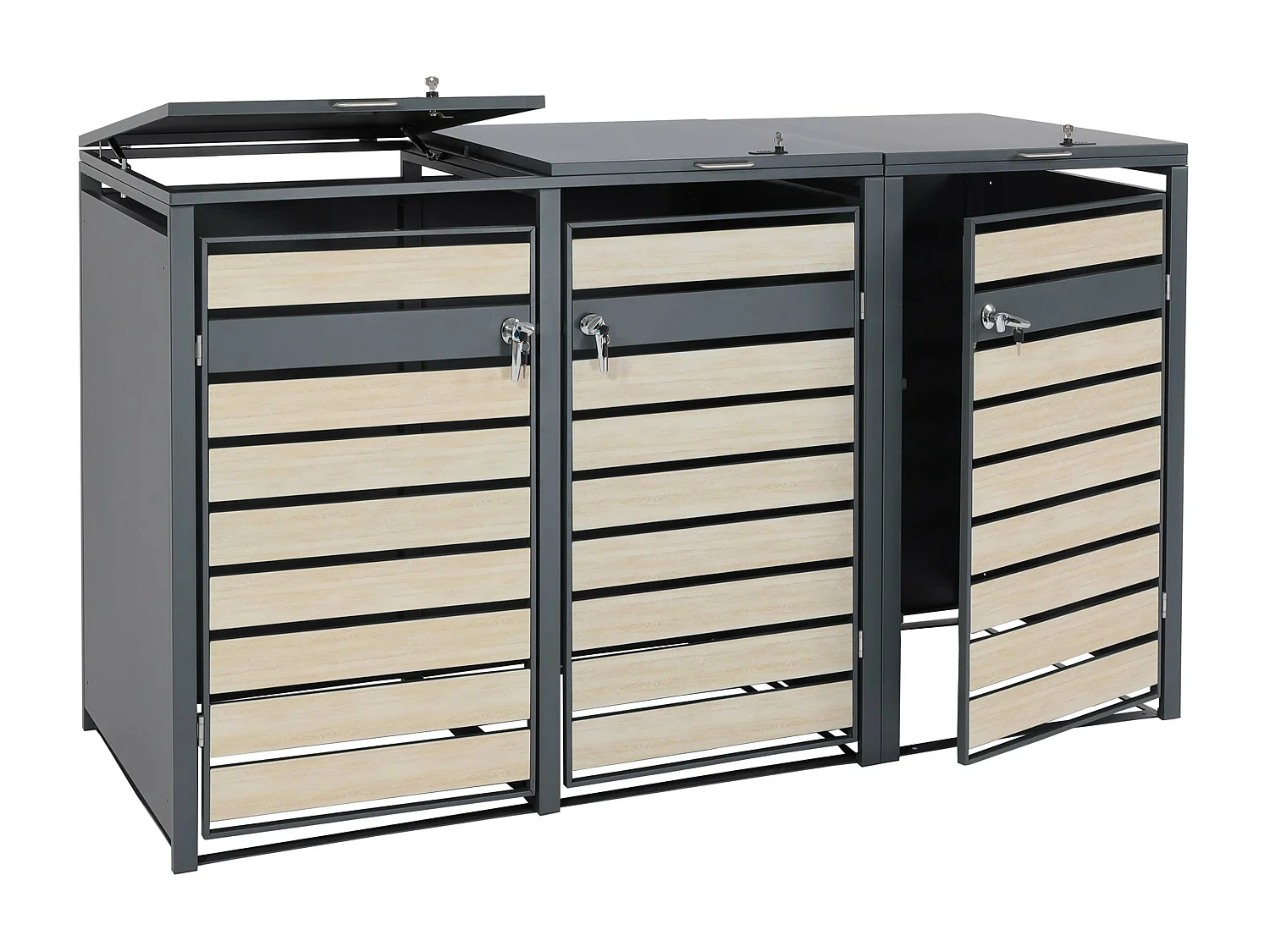 Set 3x copribidoni box spazzatura rifiuti MCW-J81 XL 98x215x117cm acciaio inox antracite faggio